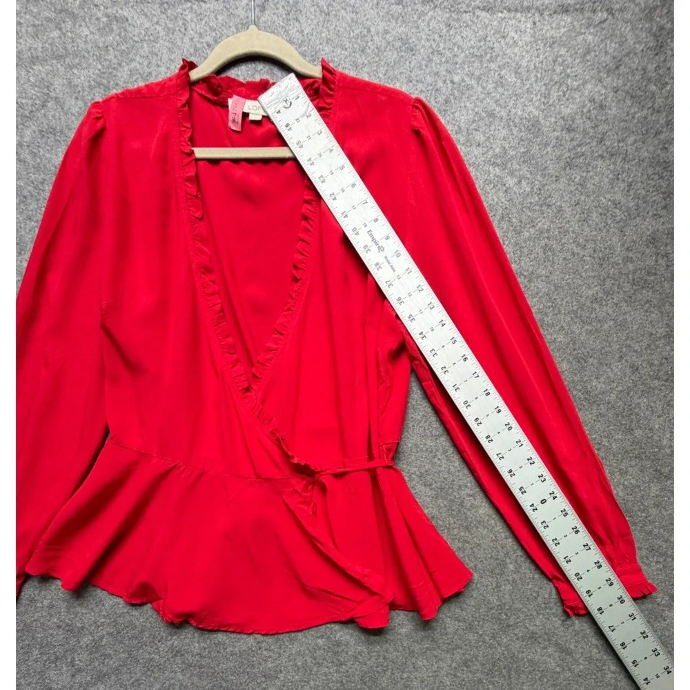Loft Red Ruffle Wrap Blouse Peplum Top Long Sleeve Rayon Womens Medium Romantic